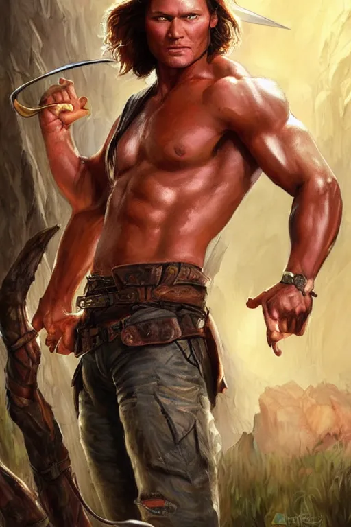 Image similar to pretty muscular sam winchester as indiana jones, clothes torn apart, fantasy style, sharp focus!, ultra detailed, art by artgerm and peter andrew jones, wlop