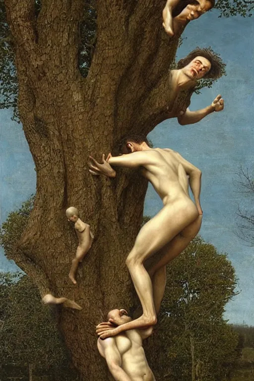 Image similar to beautiful clean oil painting of gentlemans falling from the giant tree by dino valls, detailed, stunning, realistic