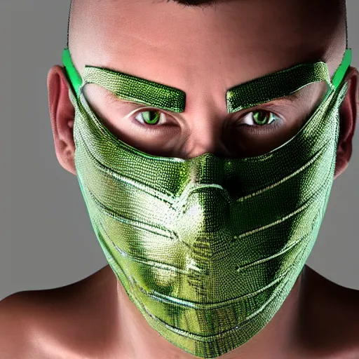 Image similar to man wearing a metal mask with thin green tubes all over his body hyperdetailed, realistic, high - resolution illustration that slightly looks like a comic character