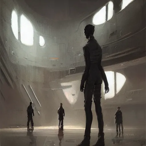 Image similar to concept art by greg rutkowski, a very tall, and slender man with short black hair, sitting with the crew in the ship's bridge, brutalist futuristic interior, dark lighting atmosphere, detailed portraits, nostalgic atmosphere, scifi, digital painting, artstation, concept art, smooth, sharp foccus ilustration, artstation hq