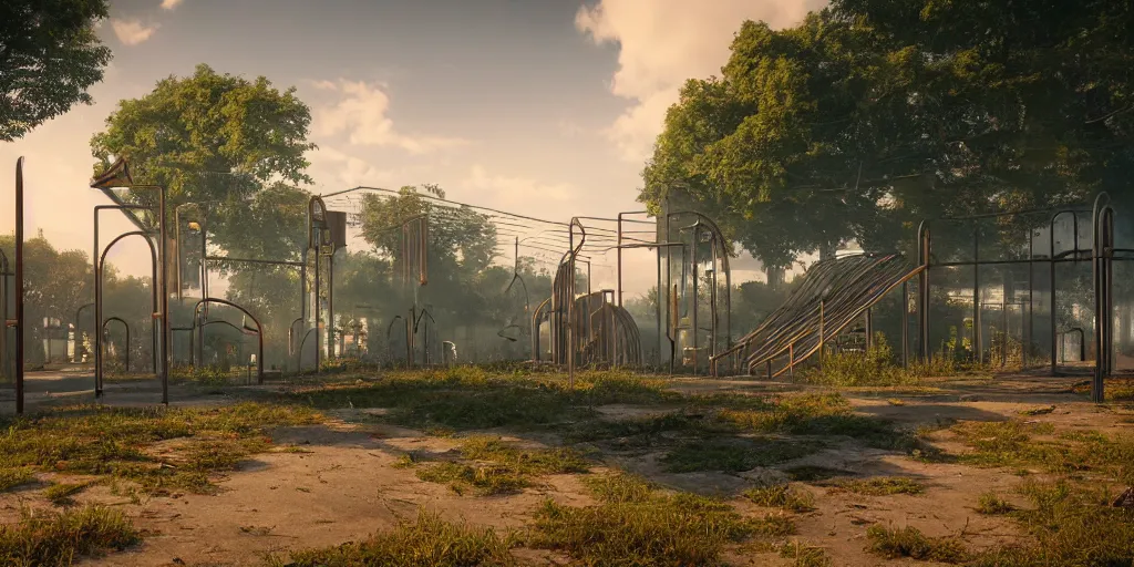 Prompt: abandoned playground, empty streetscapes, surrounded by lush green vegetation, ground-level view, stunning volumetric lighting, sunset, rusted steel, solid concrete, glass, stunning skies, trending on Artstation, 8k, photorealistic, hyper detailed, unreal engine 5, IMAX quality, cinematic, epic lighting, in the style of DOOM and Quake and Greg Rutkowski and Le Corbusier