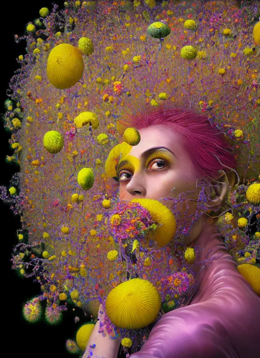 Prompt: hyper detailed 3d render like a Oil painting - Ramana Flowers with white hair in mascara seen Eating of the Strangling network of colorful yellowcake and aerochrome and milky Fruit and Her delicate Hands hold of gossamer polyp blossoms bring iridescent fungal flowers whose spores black the foolish stars by Jacek Yerka, Mariusz Lewandowski, Houdini algorithmic generative render, Abstract brush strokes, Masterpiece, Edward Hopper and James Gilleard, Zdzislaw Beksinski, Mark Ryden, Wolfgang Lettl, Dan Hiller, hints of Yayoi Kasuma, octane render, 8k