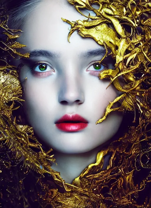 Image similar to glowing silver and golden elements, full close-up portrait, young female model from shutterstock as a dark witch, book cover, green forest, white moon, red lips, establishing shot, extremly high detail, photo-realistic, cinematic lighting, pen and ink, intricate line drawings, by Yoshitaka Amano, Ruan Jia, Kentaro Miura, Artgerm, post processed, concept art, artstation, matte painting, style by eddie, raphael lacoste, alex ross