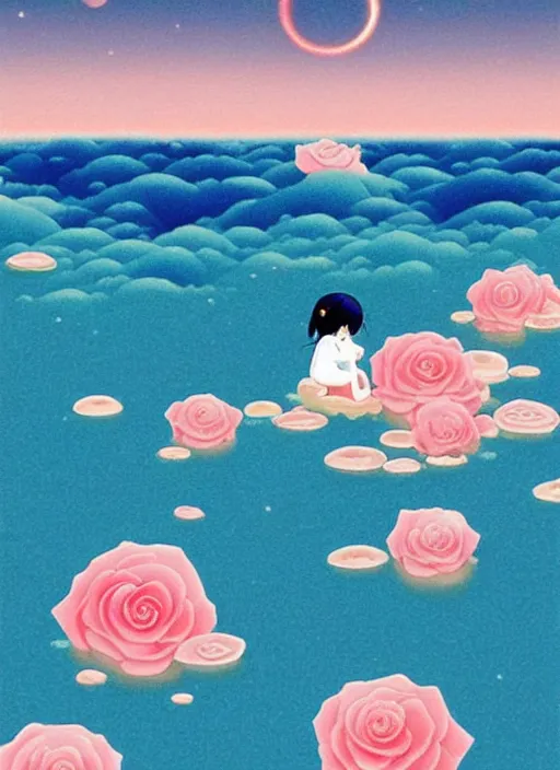 Prompt: On the surface of the sea in the moonlight, there were some roses floating on the surface of the sea，by Chiho Aoshima