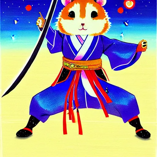 Image similar to japanese hamster samurai. with long sword. anime art. painting. rain of meteors on background