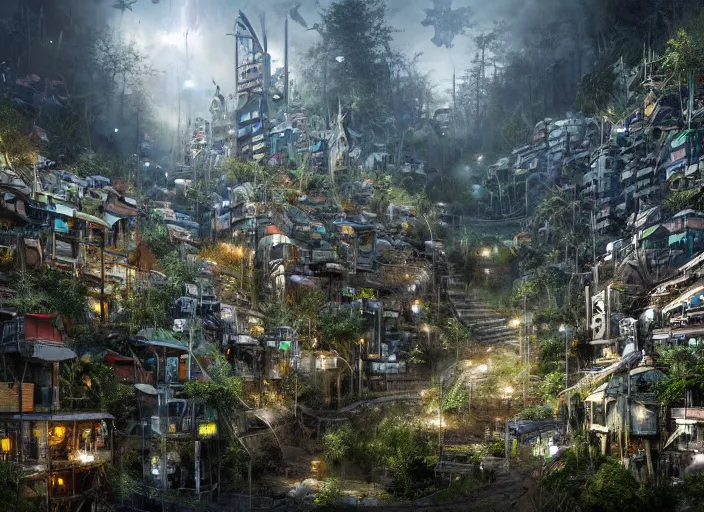 Image similar to favela spaceship cathedral, forest environment, sorcery, scenery, professional, award - winning, trending on artstation, hyper detailed, realistic, beautiful, emotional, shiny, somber, picture