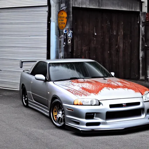 Image similar to Nissan GTR R34 Parked in alley cannon photo 1mp