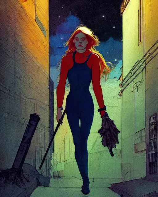 Prompt: in the style of Joshua Middleton comic art and Jules Bastien-Lepage, Samara Weaving, full body, in an alleyway during The Purge, people fighting, night time dark with neon colors, fires