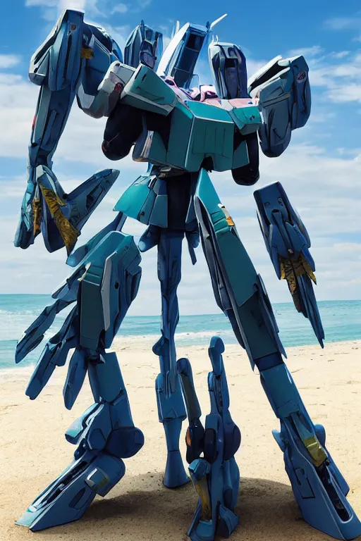 Prompt: a macross mecha posing on the beach