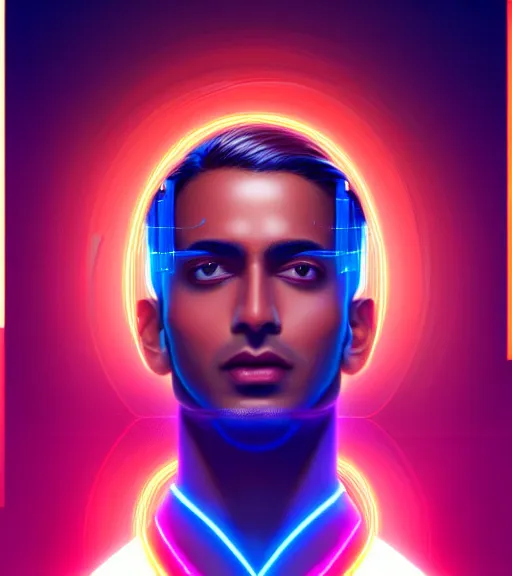 Image similar to symmetry!! indian prince of technology, solid cube of light, hard edges, product render retro - futuristic poster scifi, lasers and neon circuits, brown skin handsome indian prince, intricate, elegant, highly detailed, digital painting, artstation, concept art, smooth, sharp focus, illustration, dreamlike, art by artgerm