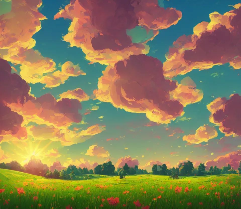 Image similar to green lush Field with beautiful flowers, aesthetic, calming, pink and yellow clouds in the sky, brightly illuminated by rays of sun, Clouds backlit by the sun, sunset ,artstation, colorful sylvain sarrailh illustration, by peter chan, day of the tentacle style