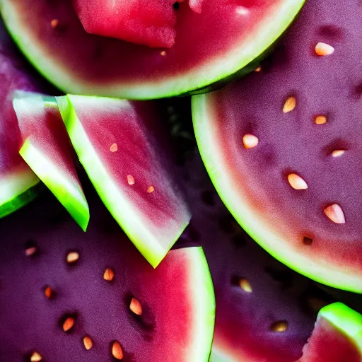 Image similar to close up high resolution photo of purple watermelon, very tasty, food photography, instagram, trending