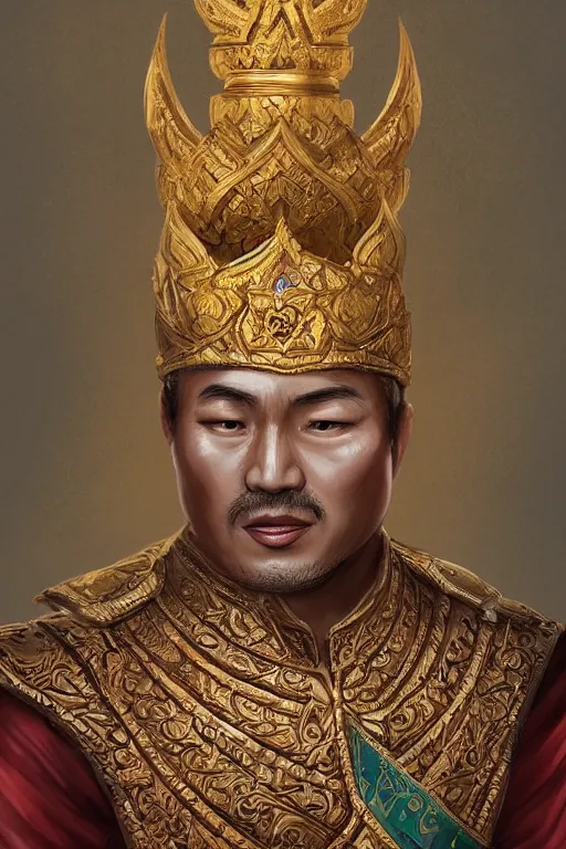 Image similar to full body portrait of king ramkamhaeng the great, thai warload, d & d, elegant, highly detailed, digital painting, artstation, concept art, smooth, sharp focus, illustration, art by thawan duchanee