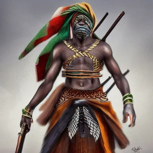 Image similar to stunning character design of a Nigerian warrior, highly detailed digital art