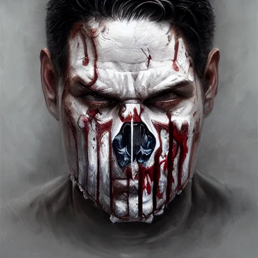 Image similar to portrait of frank castle the punisher, bloody nose, face paint, intricate, elegant, highly detailed, centered, digital painting, artstation, concept art, smooth, sharp focus, illustration, artgerm, tomasz alen kopera, peter mohrbacher