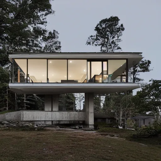 Image similar to second story elevated white brutalist home perched atop 2 equidistant separated large piers, double cantilevered design, large windows, elegant, white stone, proportion, golden ratio, epic composition, steel window mullions, cars parked underneath