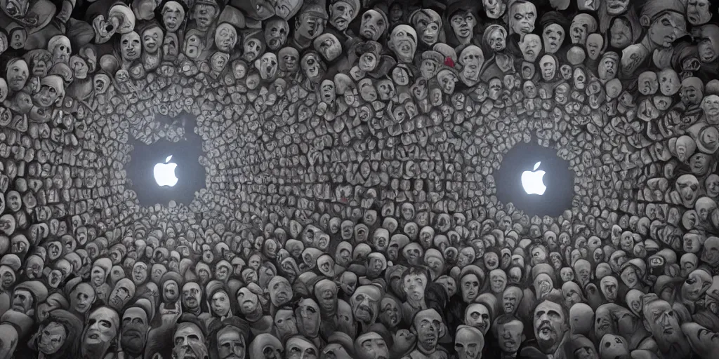 Image similar to cinematic, concept art, hyper realistic, symbolism, Orwellian Apple Headquarters made entirely of human bodies, by Scott M Fischer, misty, Bloodborne art style, depth of field, 8k, 35mm film grain, album cover