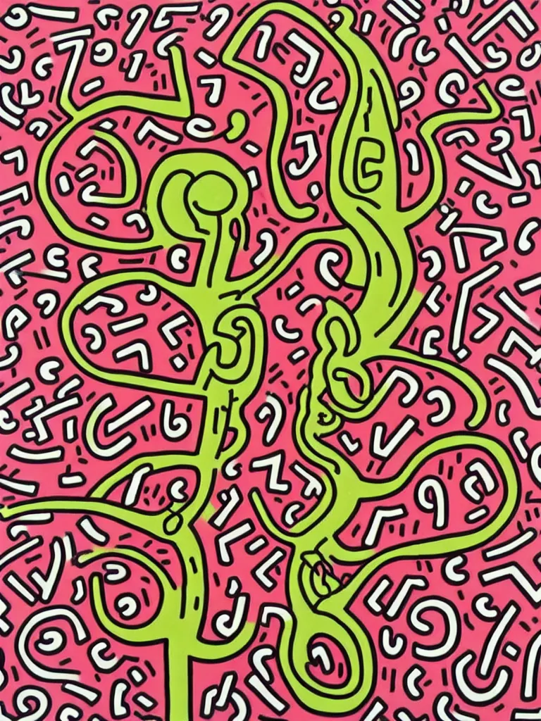 Image similar to keith haring art of acorn that turns into a tree in the shape of a treble clef, a big rip down the middle, splashes of color, inspirational and powerful