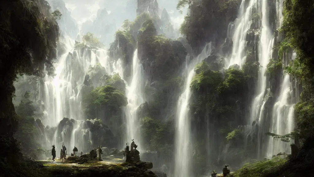 Image similar to elven architecture above the great alpine waterfall. andreas achenbach, artgerm, mikko lagerstedt, zack snyder, tokujin yoshioka