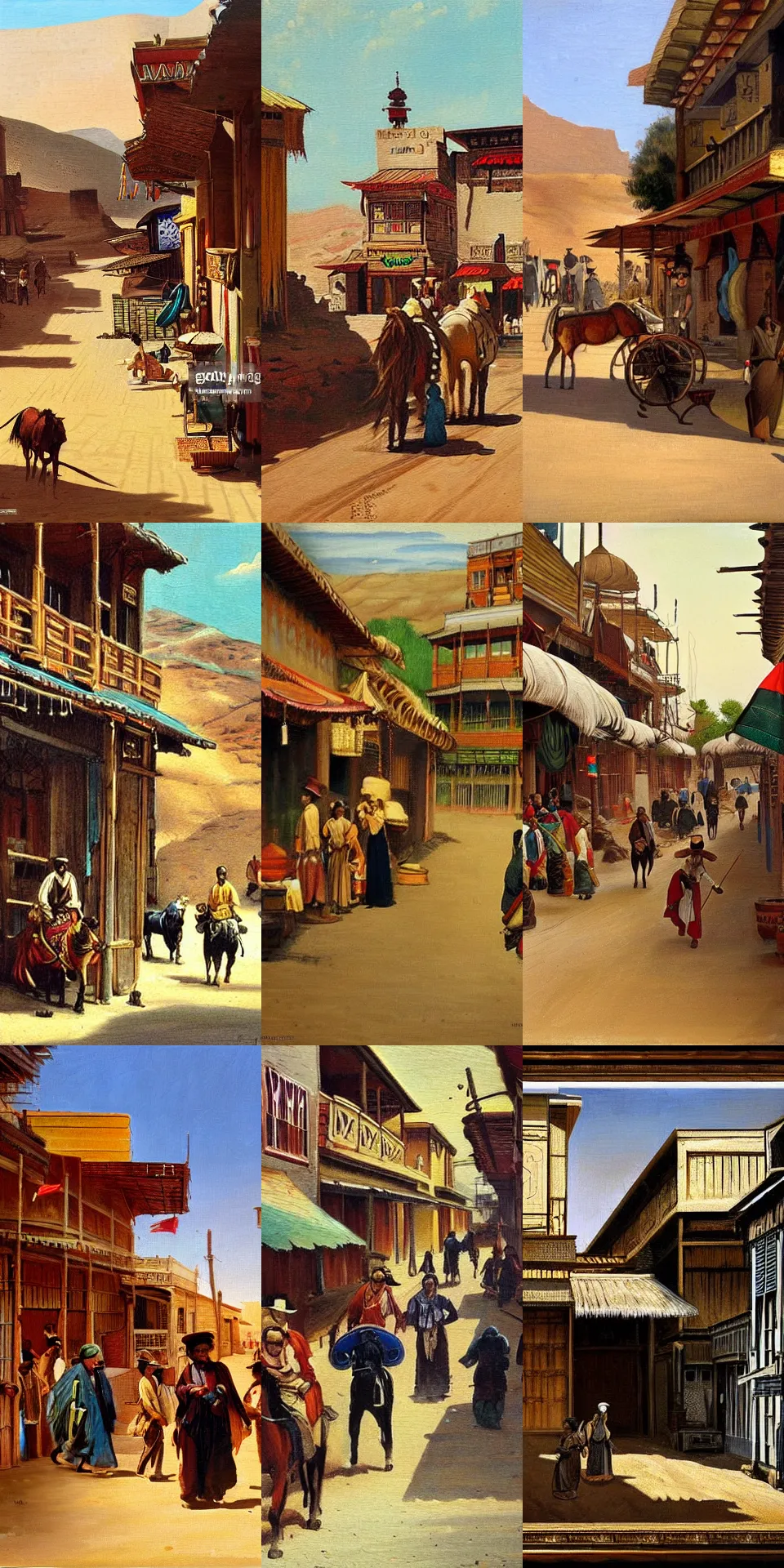 Prompt: orientalist painting of wild west town street