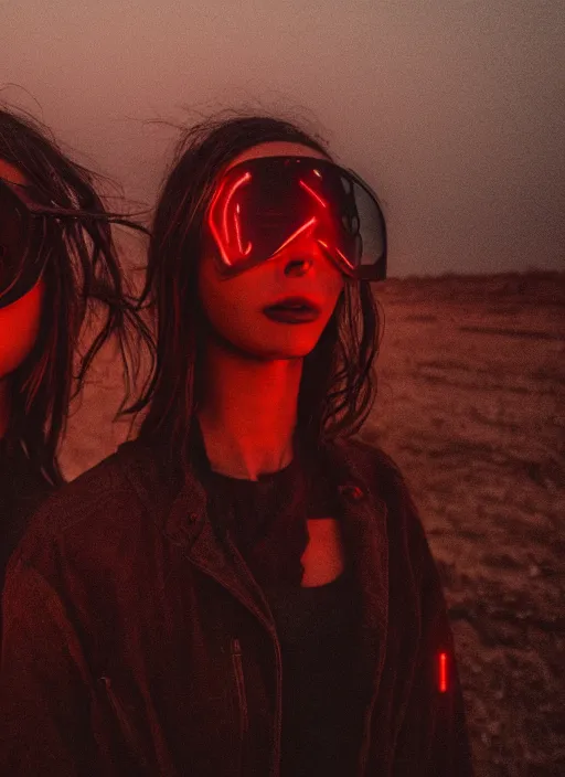 Image similar to cinestill 5 0 d photographic portrait of two loving female androids wearing rugged black techwear on a desolate plain with a red sky, extreme closeup, cyberpunk style, garters, dust storm, 8 k, hd, high resolution, 3 5 mm, f / 3 2, ultra realistic faces, ex machina