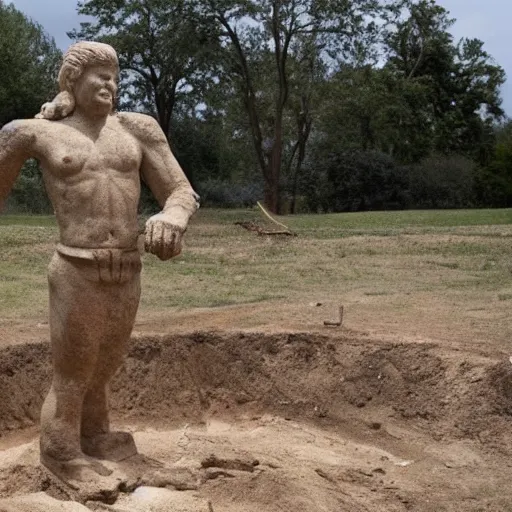 Prompt: archaeologists unearthing ancient statue of Donald Trump