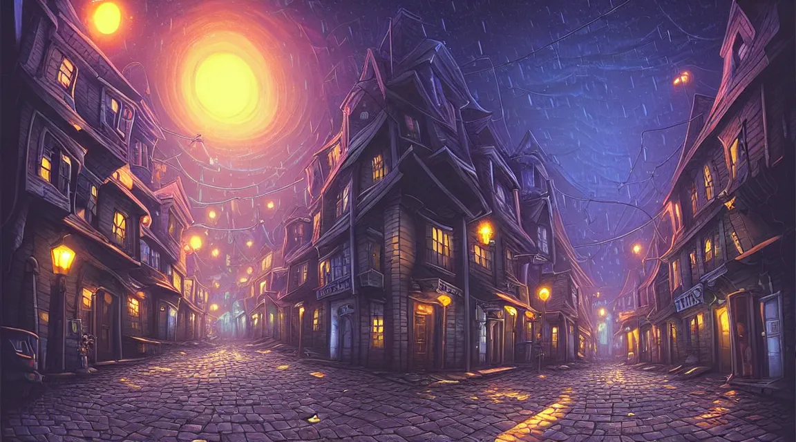 Prompt: street level view of a lovecraftian town. lovecraft. lovecraftian city at night by cyril rolando and naomi okubo and dan mumford and ricardo bofill. lovecraftian buildings. cobbled streets. lovecraftian landscape. swirly night sky.