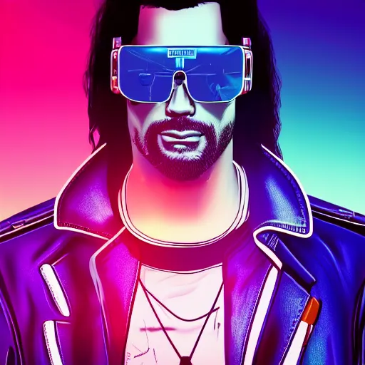 Image similar to 3 / 4 view closeup portrait of johnny silverhand from cyberpunk 2 0 7 7 with light blue shutter shades in front of a sunset, a dark purple leather jacket, vector art by jan tengnagel, pixabay contest winner, retrofuturism, retrowave, synthwave, outrun, portrait, synthwave