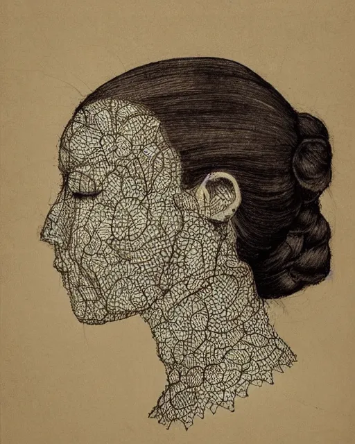 Prompt: a woman's face in profile, made of intricate lace skeleton, in the style of the dutch masters and gregory crewdson, dark and moody