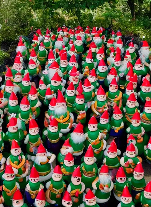 Image similar to an Irish party with hundreds of gnomes holding bananas