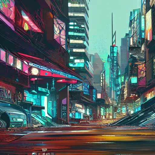 Image similar to digital painting of a cyberpunk city, comic book style, trending on Artstation, hyperdetailed