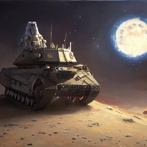 Image similar to Tanks playing chess on the moon oil painting by Greg Rutkowski