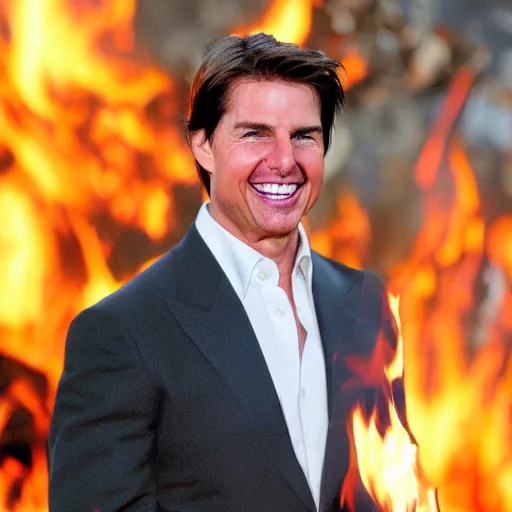 Image similar to Tom Cruise laughing in a house he set on fire, flaming background, overexposed photograph