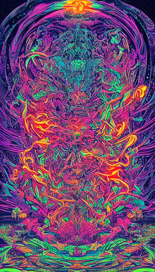 Prompt: psytrance artwork, by dan mumford