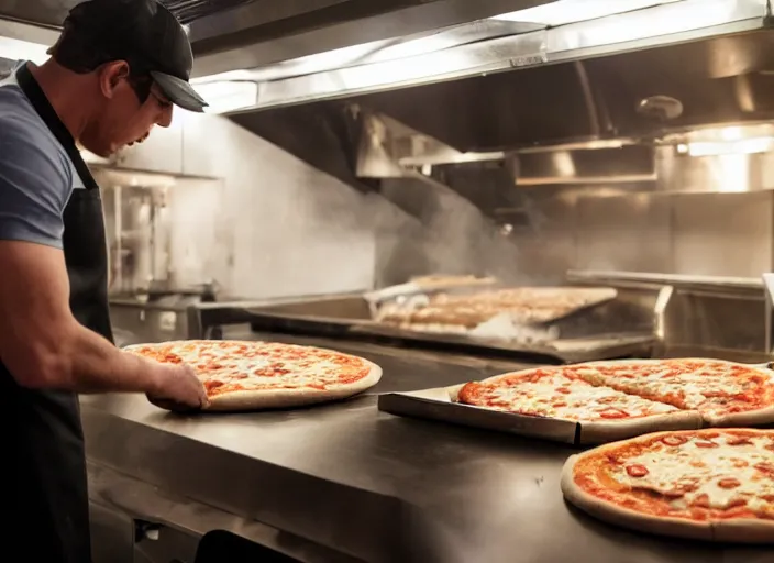 Image similar to film still of Ironman working in a pizza parlor making pizza in the new Avengers movie, 4k