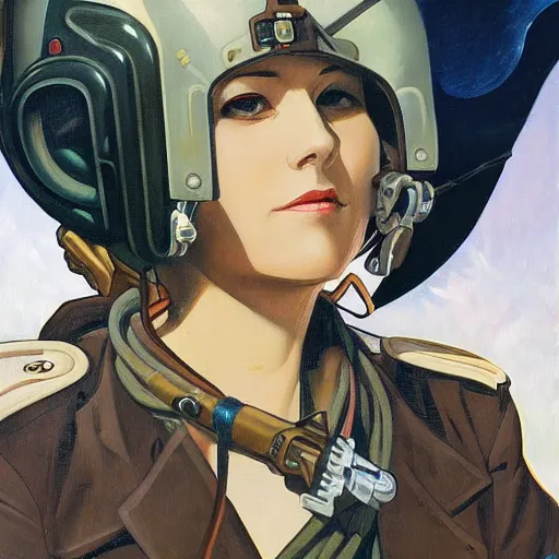 Image similar to A female airship pilot, dieselpunk, oil on canvas, in the style of Range Murata and Alphonse Mucha