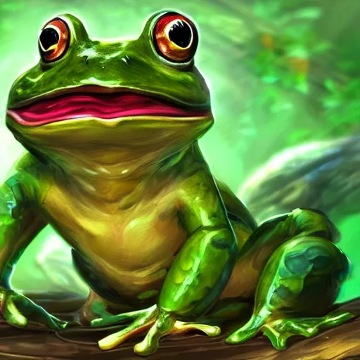 Image similar to beatiful art league of legends splash art of a frog in a swamp