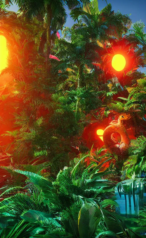 Image similar to unreal engine 5 8 k uhd render of an flamingocore tropicalwave junglepunk abstrafractalmancer, photorealistic, animal photography, photo safari, fashion shoot, lush tropical surroundings, volumetric lighting, sunlight, 1 0 5 mm lens