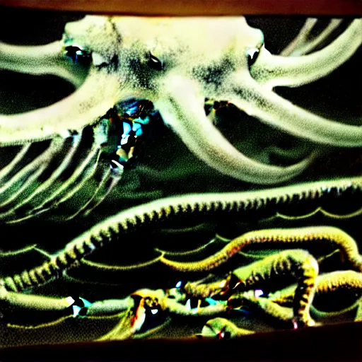 Image similar to a highly detailed hyperrealistic scene of a ship being attacked by giant squid tentacles, ultra realistic, jellyfish, squid attack, dark, voluminous clouds, thunder, stormy seas, pirate ship, dark, high contrast, yoji shinkawa, scary, m.c. Escher, highly detailed, brutal, beautiful, octopus arms attacking the ship from the storm, illusion, artgerm