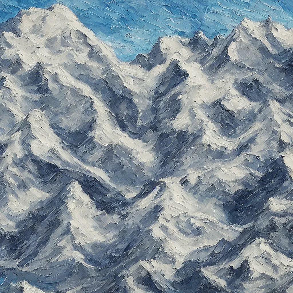 Image similar to texture of 3d high relief painting of jagged snow topped mountains seen from directly above ,painted in the style of the old masters, painterly, thick heavy impasto, expressive impressionist style, painted with a palette knife