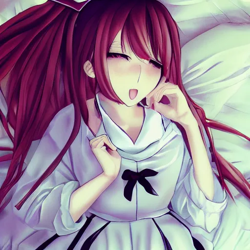 Prompt: anime girl in maids outfit laying in bed, deviantart