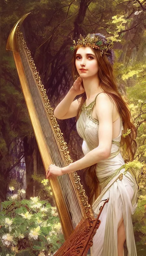 Image similar to portrait of queen of the elves playing a harp, ethereal, expressive pose, intricate dress, fantasy, intricate, forest background, highly detailed, digital painting, artstation, concept art, smooth, sharp focus, illustration, art by artgerm and greg rutkowski and alphonse mucha