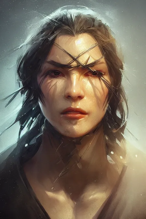 Image similar to powerfull and fierce ninja, close - up portrait, fierce, intricate, elegant, volumetric lighting, scenery, digital painting, highly detailed, artstation, sharp focus, illustration, concept art, ruan jia, steve mccurry