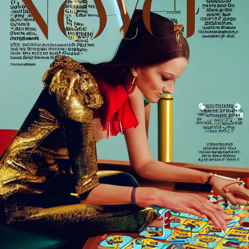 Image similar to an engineer wearing a bright gold dress playing solitare in a playground, cover of vogue magazine