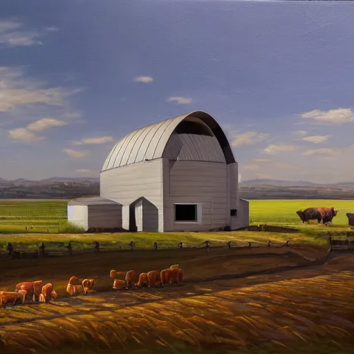 Image similar to exterior view of modern futuristic farm barn architecture, silo, feed troughs, cows, pigs, chickens, detailed luminescent oil painting 4 k