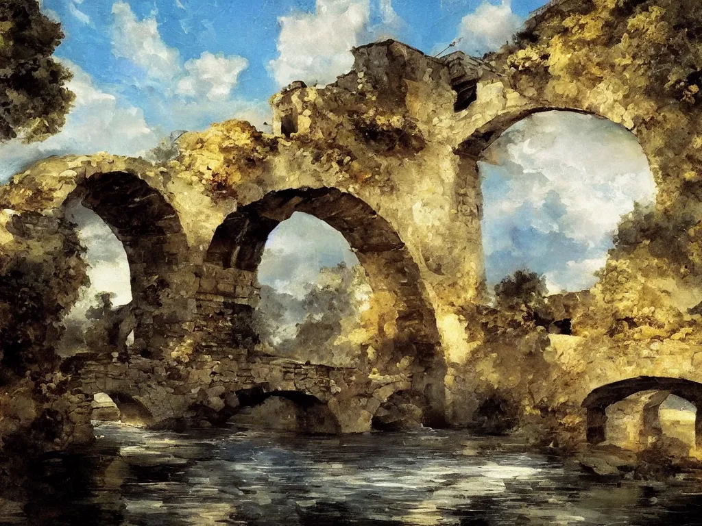 Image similar to modern stylized oil painting of medieval stone bridge, very very very beautiful, funny structure, romanticism by goya, bright art, cinematic dramatic lighting, plants and water