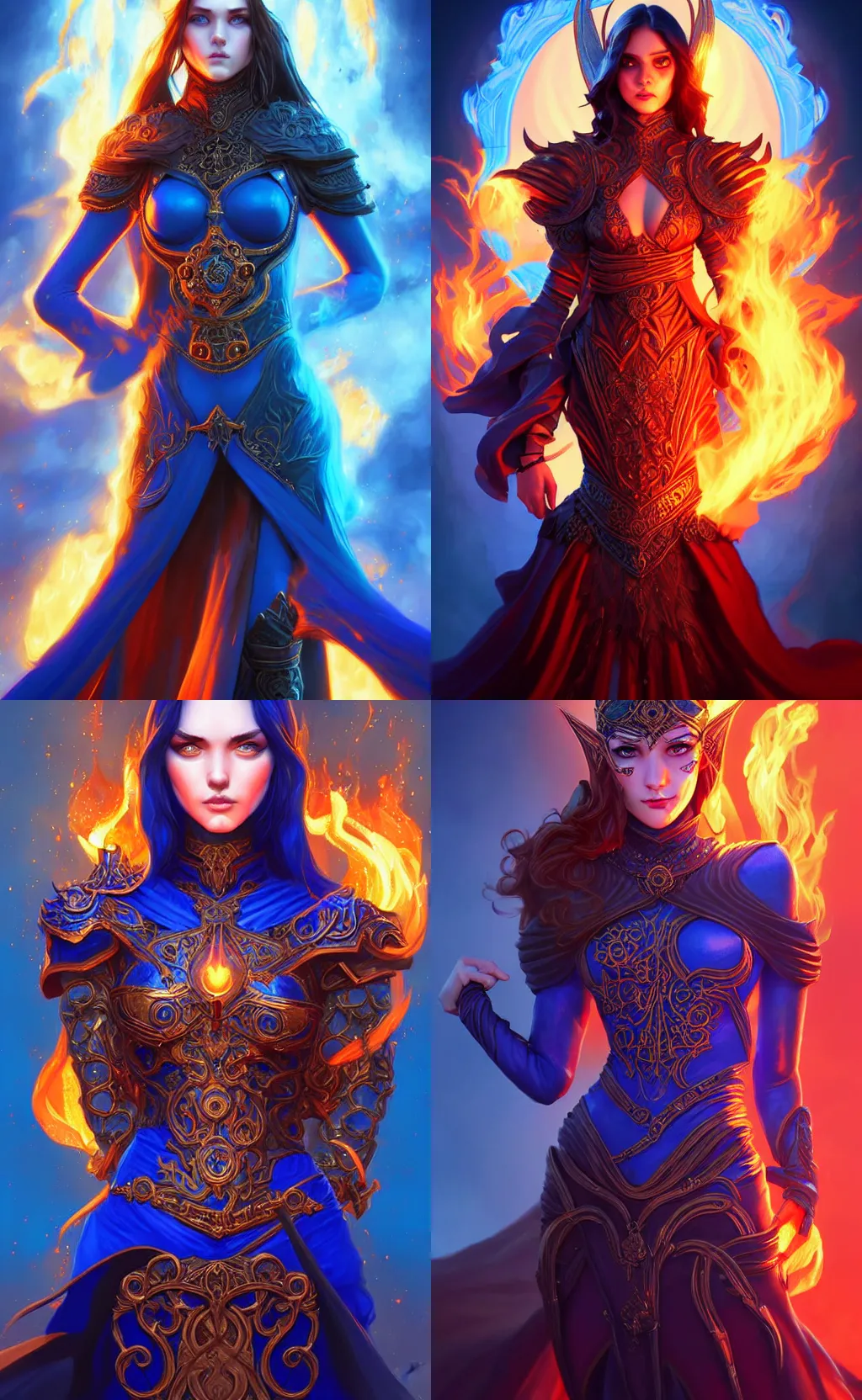 Prompt: young morgana, battle mage, brilliant royal blue, flames surround her, intricate detail, ornate, tarot card, digital artwork by artgerm and wpol and sarasti, android jones, artstation