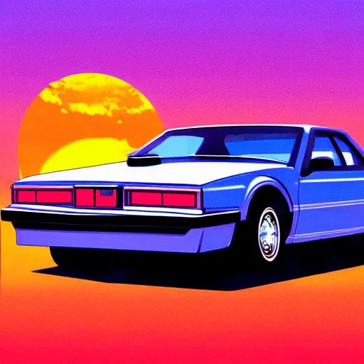Prompt: retro box covert art of a synthwave car sitting in front of a sunset in miami, 8 0's box art, retro