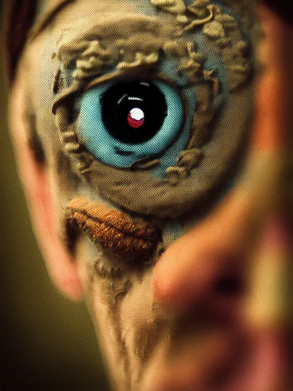 Prompt: a close up of a person with a weird looking eye, a character portrait by alexander jansson, featured on cg society, pop surrealism, made of beads and yarn, studio portrait, fisheye lens