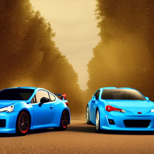 Image similar to An Evo 10 car and a BRZ car kissing, Pixar Cars movie style, 3D render, beautiful lighting, the cars have faces, extremely detailed, HDR, 4K, 8K